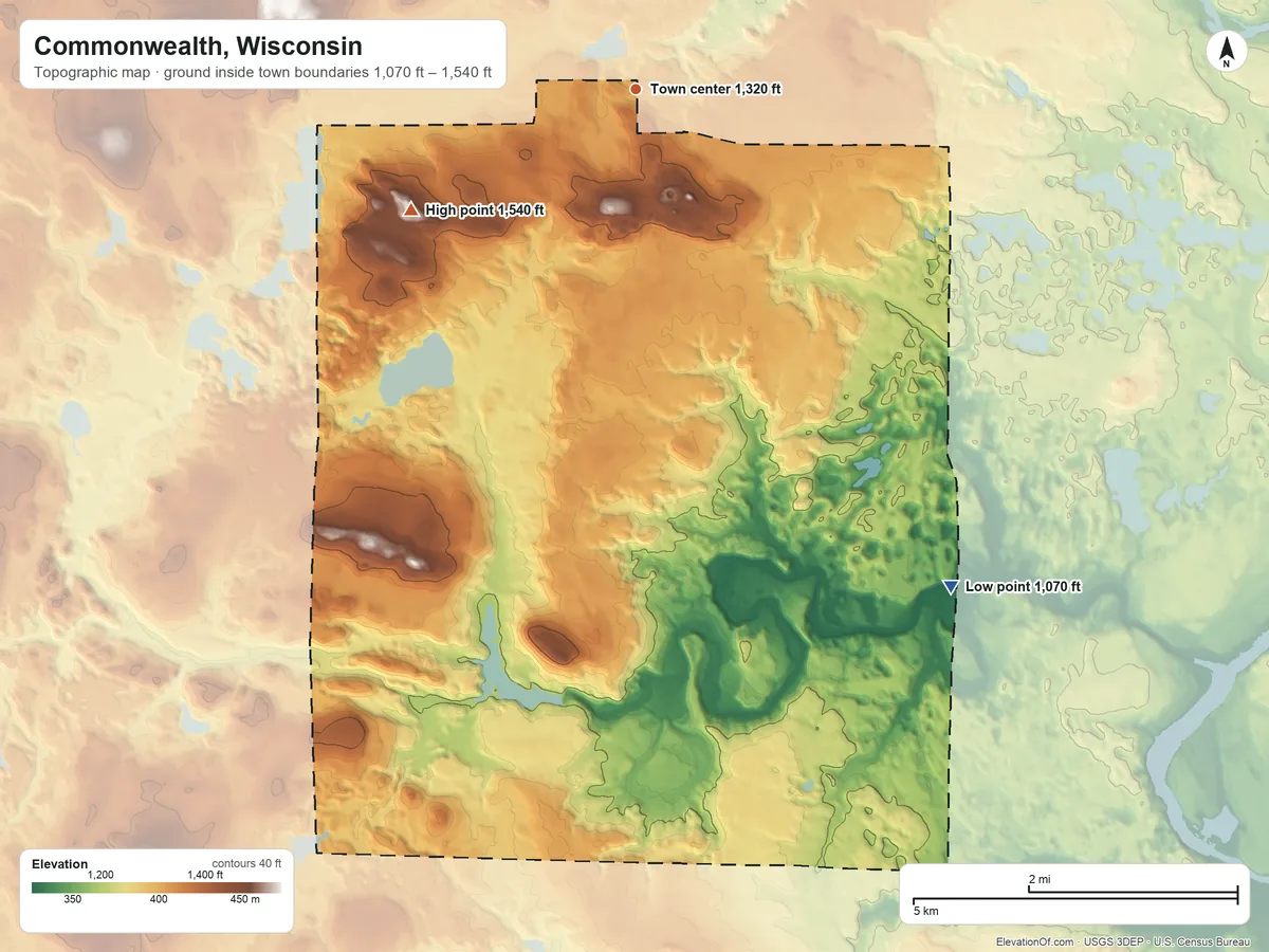 Topographic elevation map of Commonwealth, Wisconsin, shaded from 1,070 ft on the southeast side to 1,540 ft on the southwest side