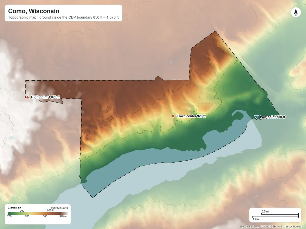 Topographic elevation map of Como, Wisconsin, shaded from 850 ft on the east side to 1,070 ft on the west side