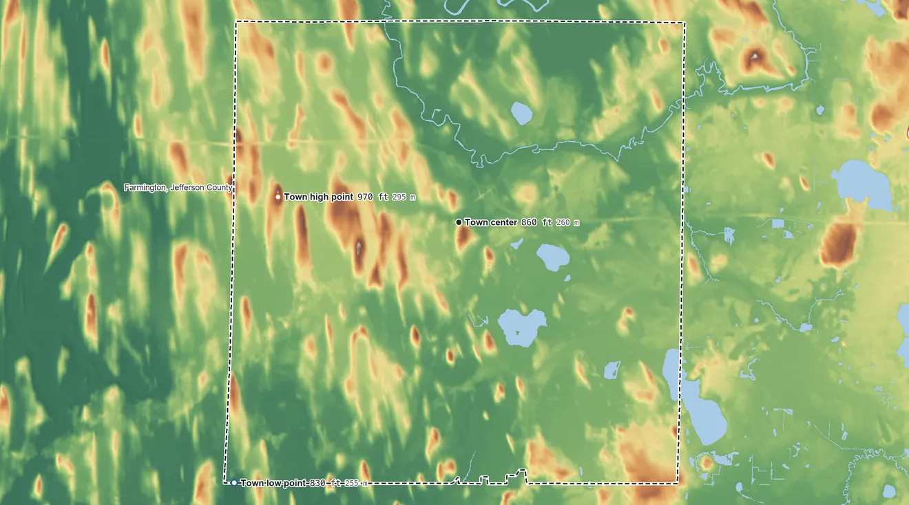 Topographic elevation map of Concord, Wisconsin, shaded from 830 ft on the southwest side to 970 ft on the west side