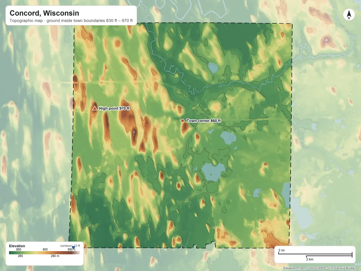 Topographic elevation map of Concord, Wisconsin, shaded from 830 ft on the southwest side to 970 ft on the west side