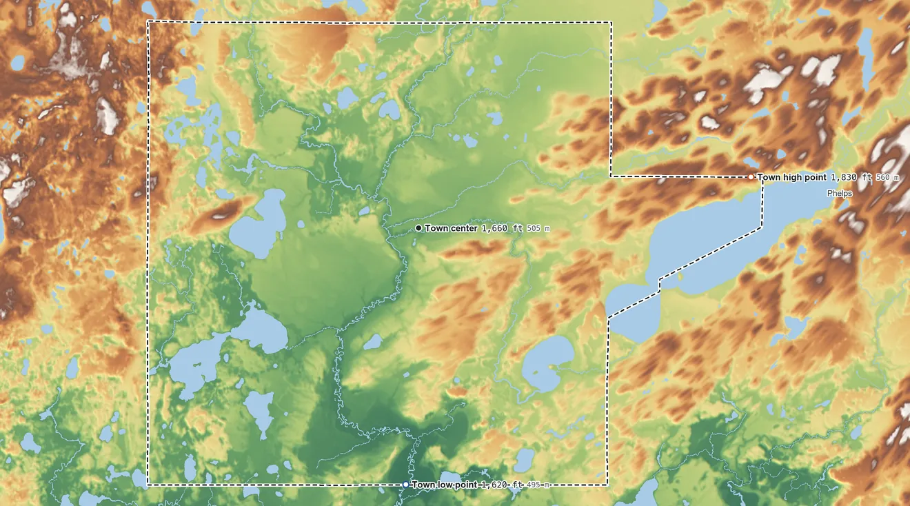 Topographic elevation map of Conover, Wisconsin, shaded from 1,620 ft on the south side to 1,830 ft on the east side
