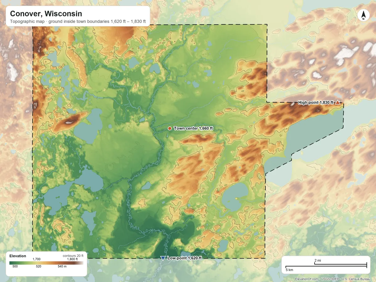 Topographic elevation map of Conover, Wisconsin, shaded from 1,620 ft on the south side to 1,830 ft on the east side