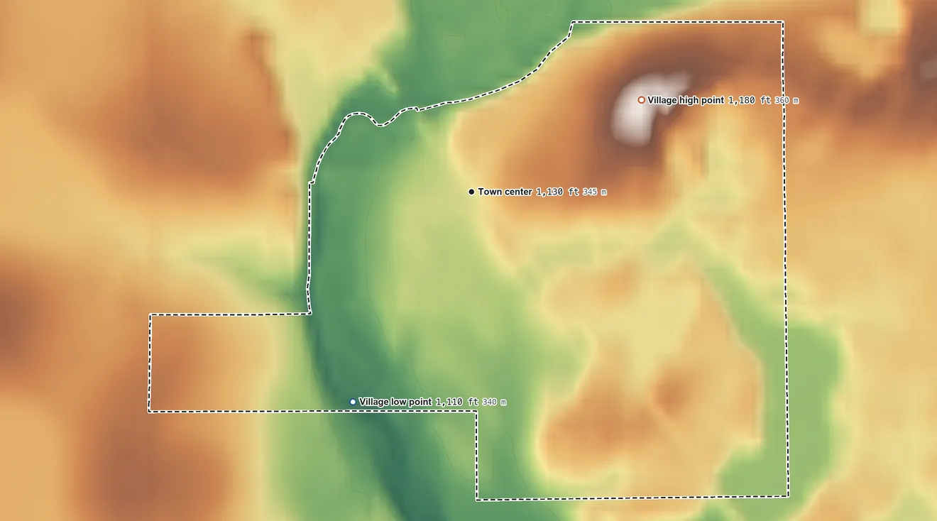 Topographic elevation map of Conrath, Wisconsin, shaded from 1,110 ft on the southwest side to 1,180 ft on the northeast side