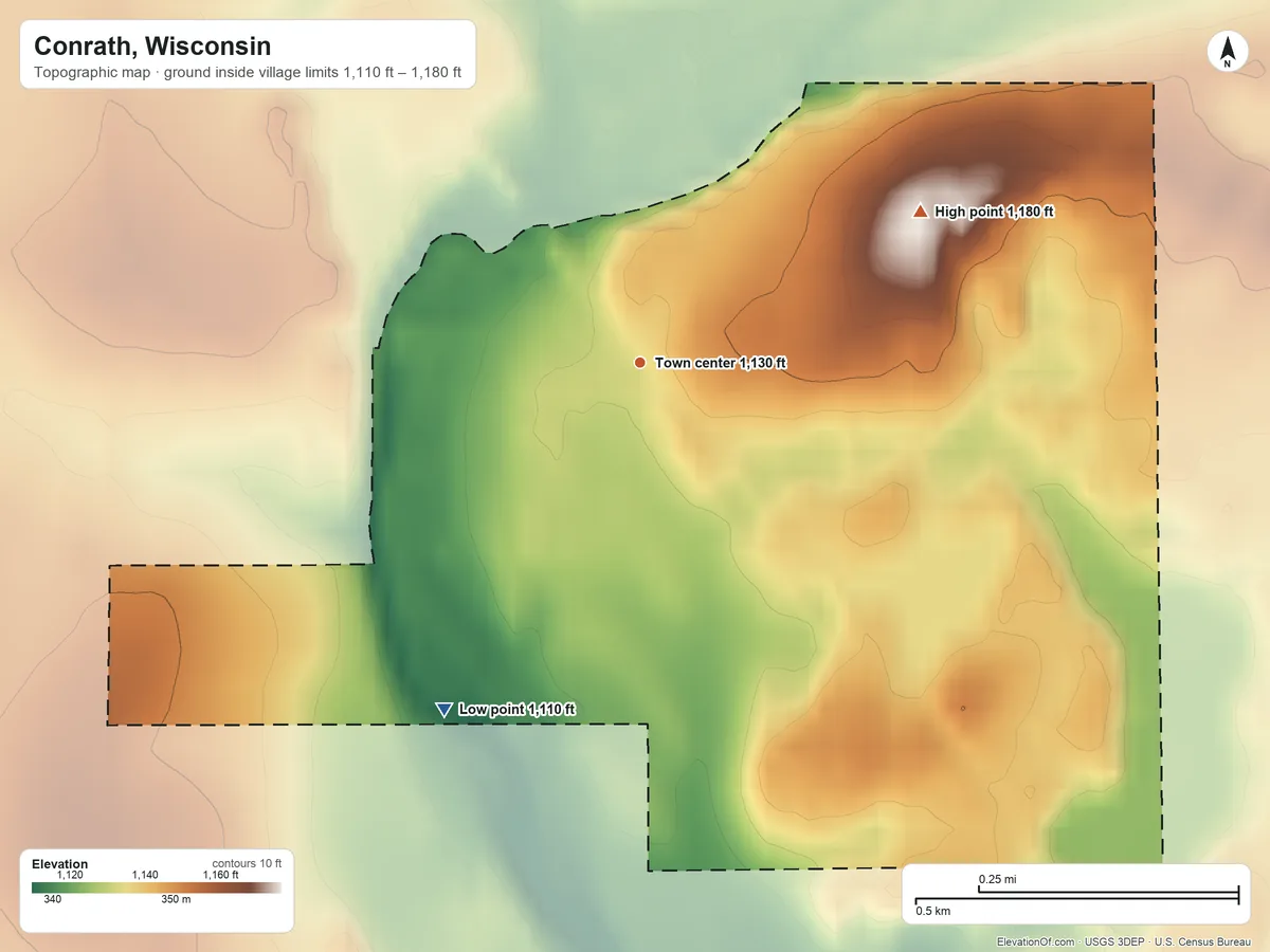 Topographic elevation map of Conrath, Wisconsin, shaded from 1,110 ft on the southwest side to 1,180 ft on the northeast side