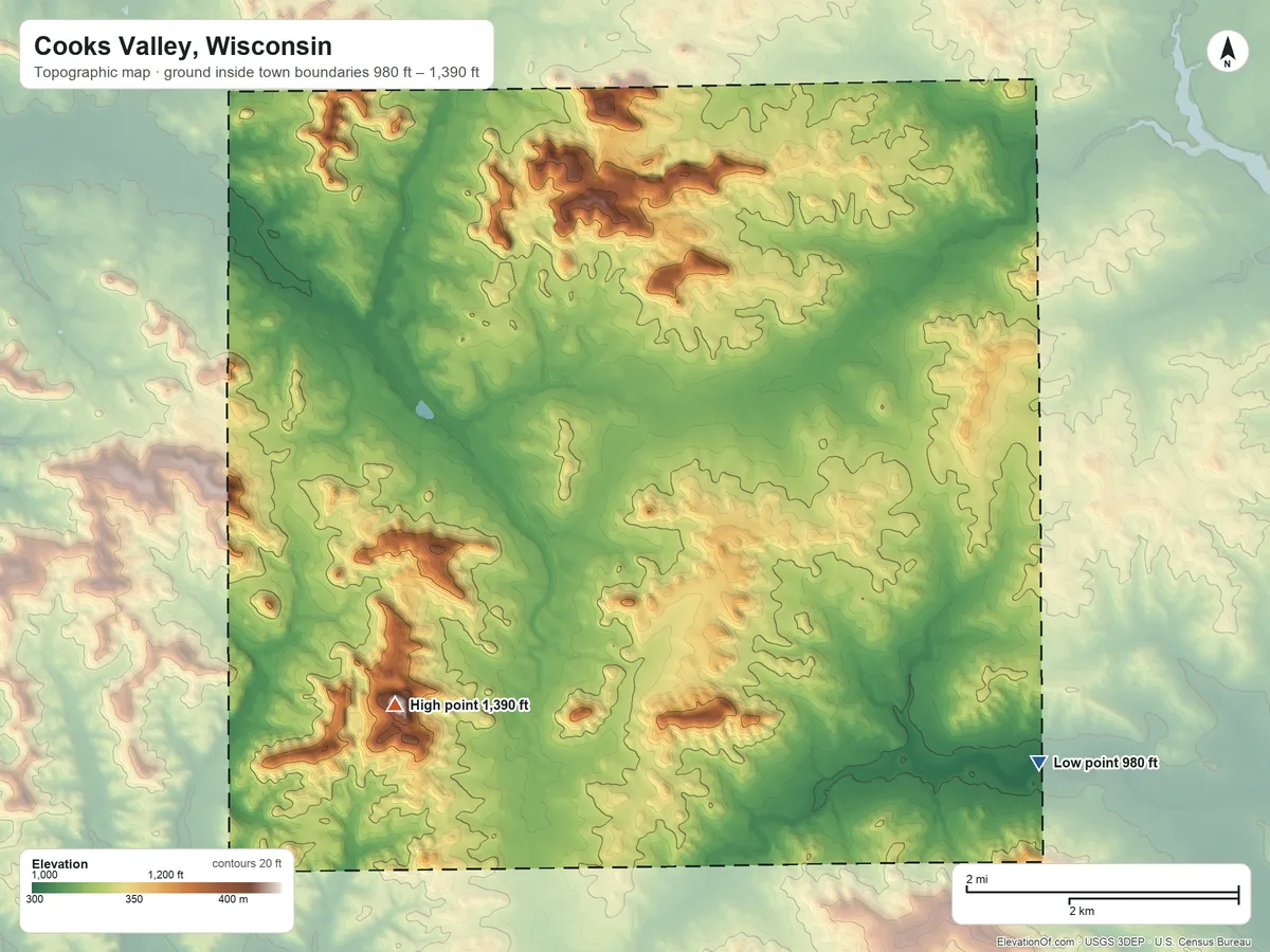 Topographic elevation map of Cooks Valley, Wisconsin, shaded from 980 ft on the southeast side to 1,390 ft on the southwest side