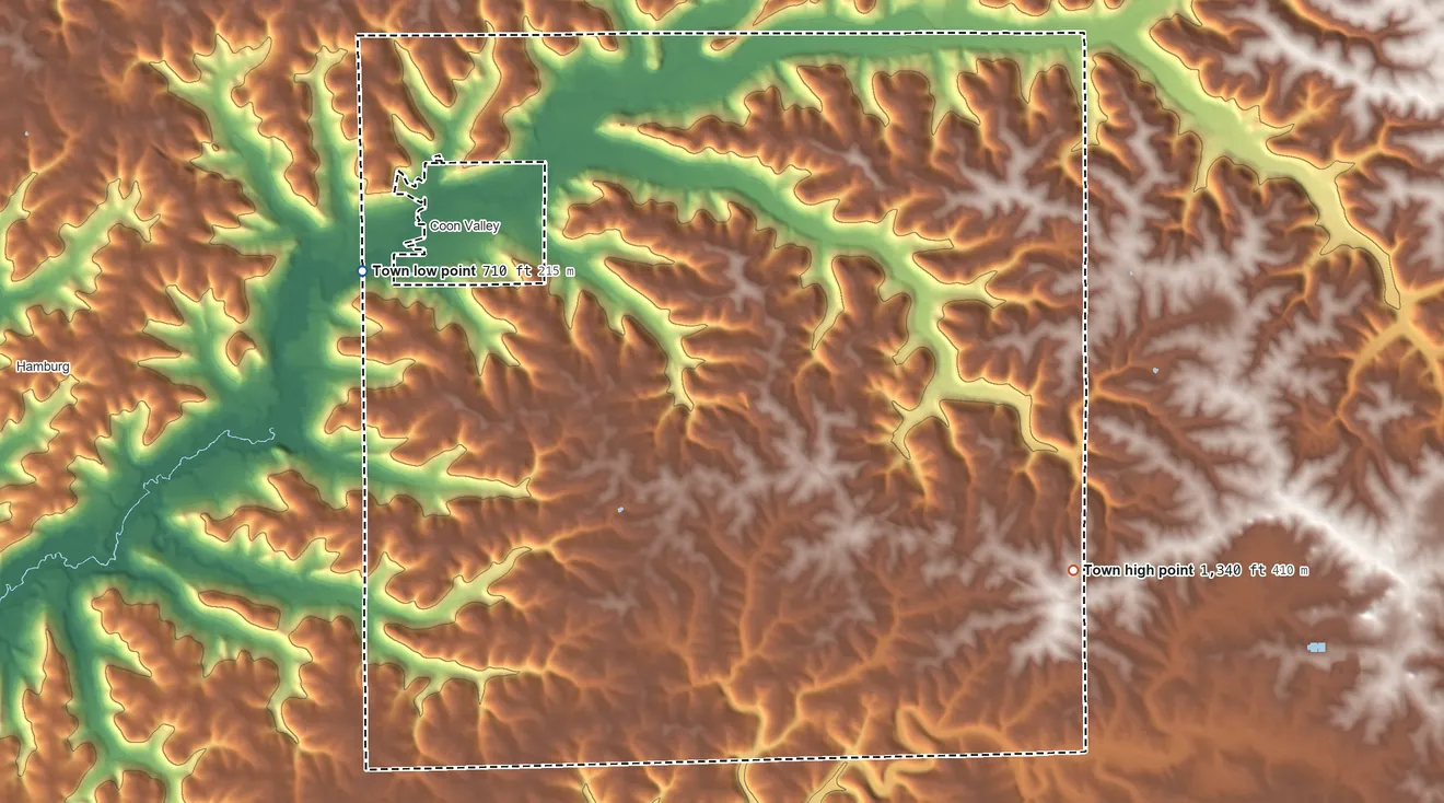 Topographic elevation map of Coon, Wisconsin, shaded from 710 ft on the northwest side to 1,340 ft on the east side