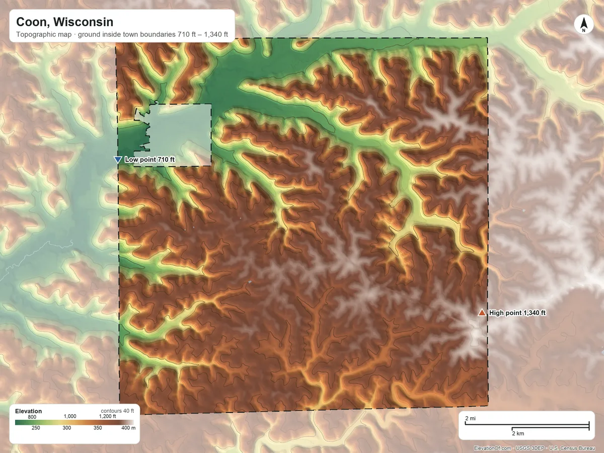 Topographic elevation map of Coon, Wisconsin, shaded from 710 ft on the northwest side to 1,340 ft on the east side