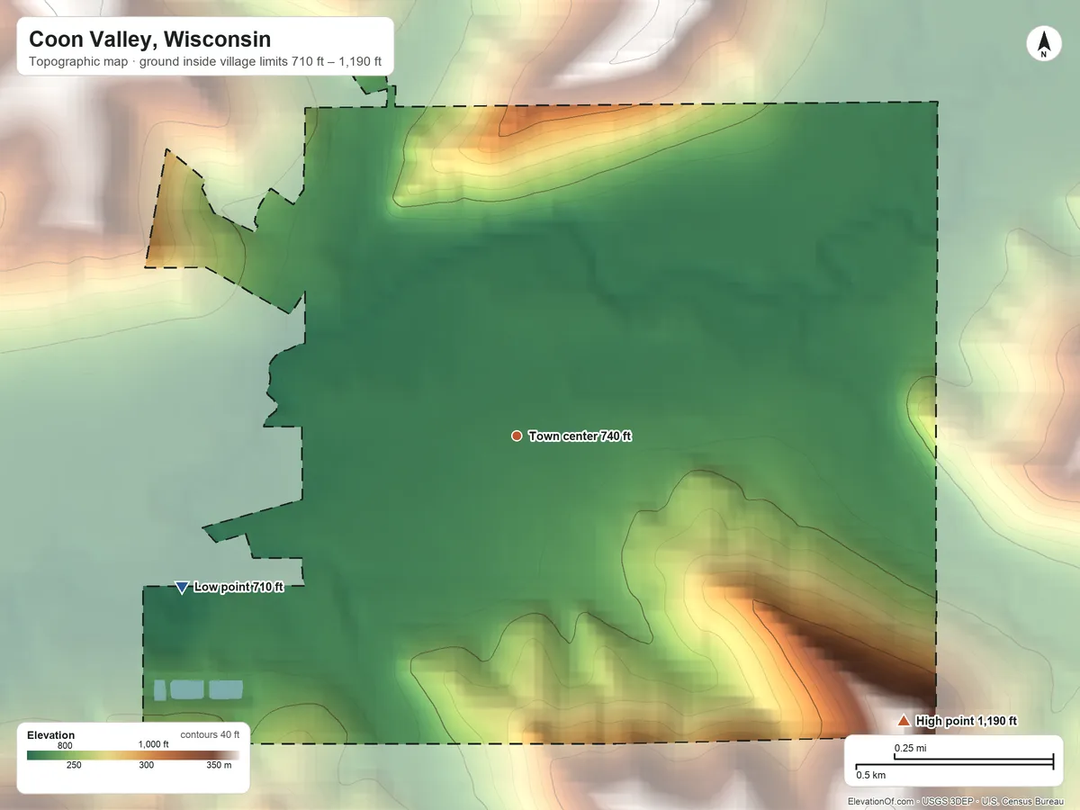 Topographic elevation map of Coon Valley, Wisconsin, shaded from 710 ft on the southwest side to 1,190 ft on the southeast side
