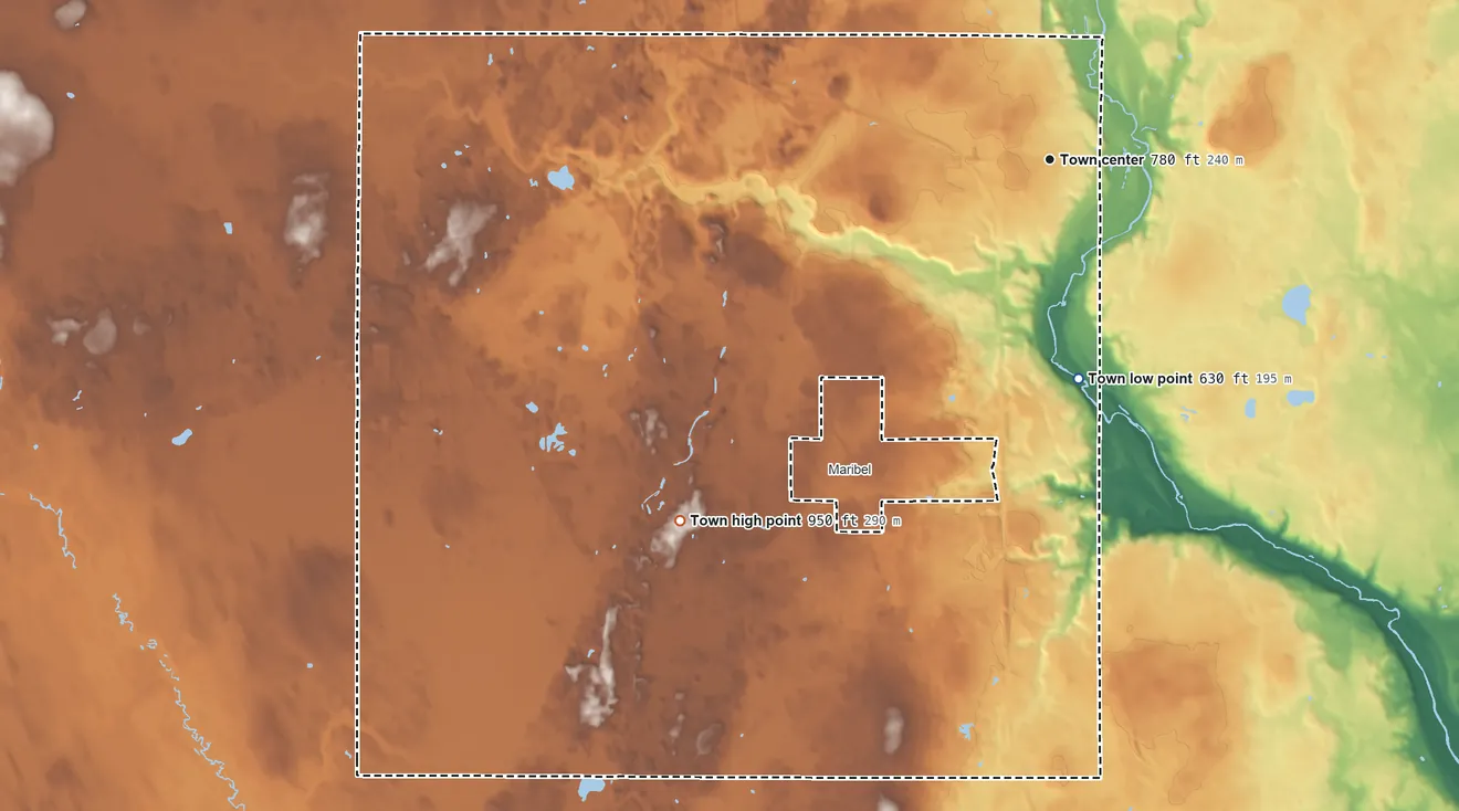 Topographic elevation map of Cooperstown, Wisconsin, shaded from 630 ft on the south side to 950 ft on the southwest side