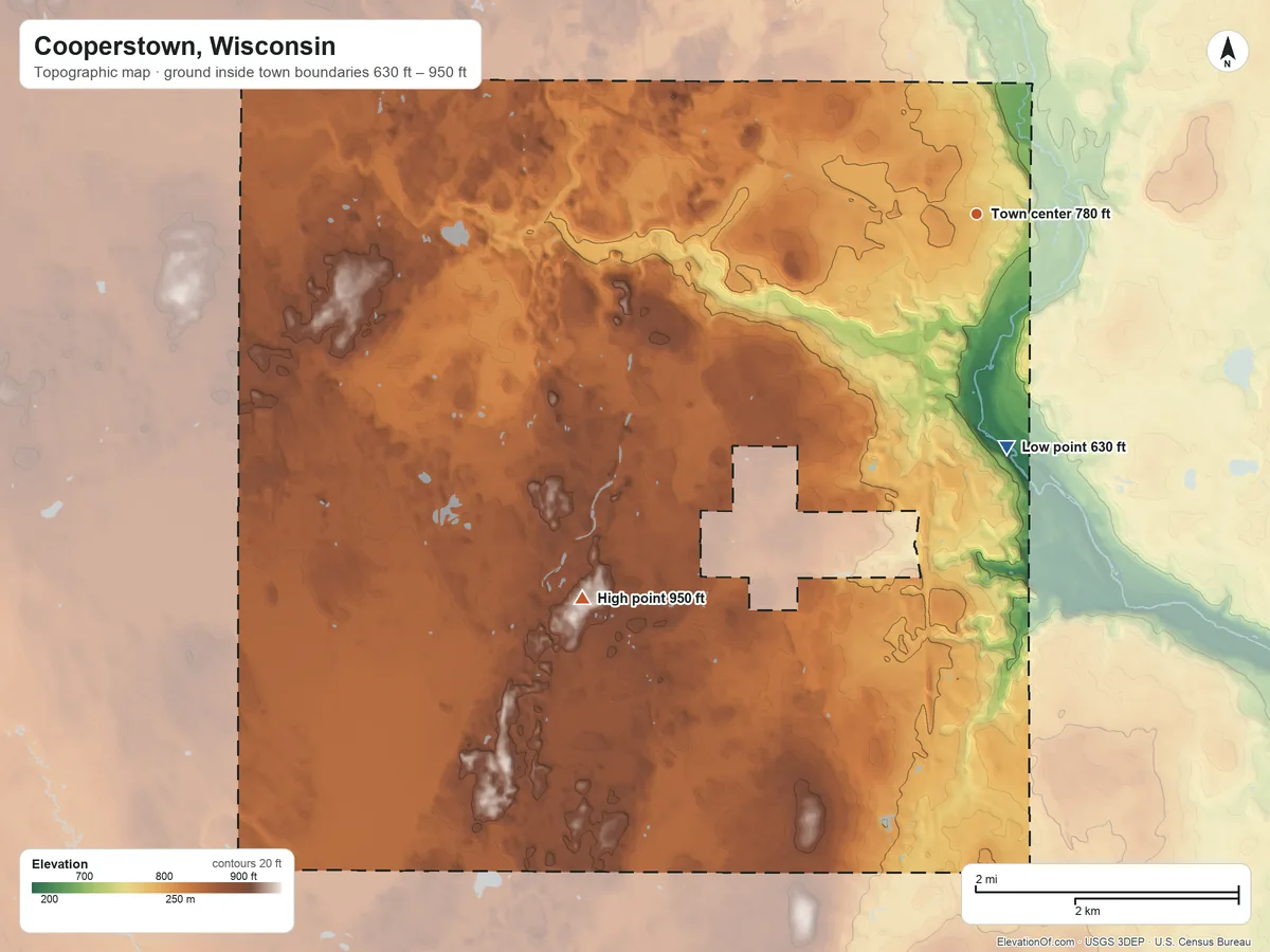 Topographic elevation map of Cooperstown, Wisconsin, shaded from 630 ft on the south side to 950 ft on the southwest side