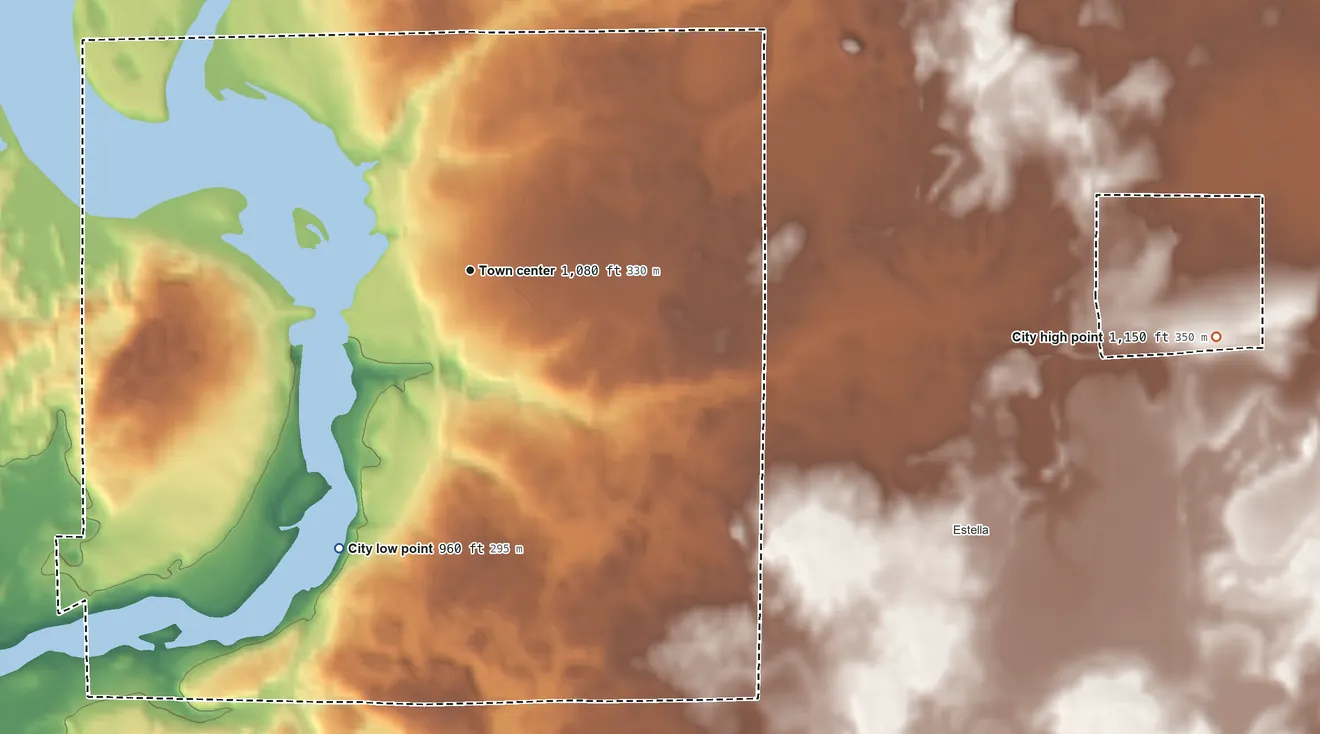 Topographic elevation map of Cornell, Wisconsin, shaded from 960 ft on the southwest side to 1,150 ft on the east side
