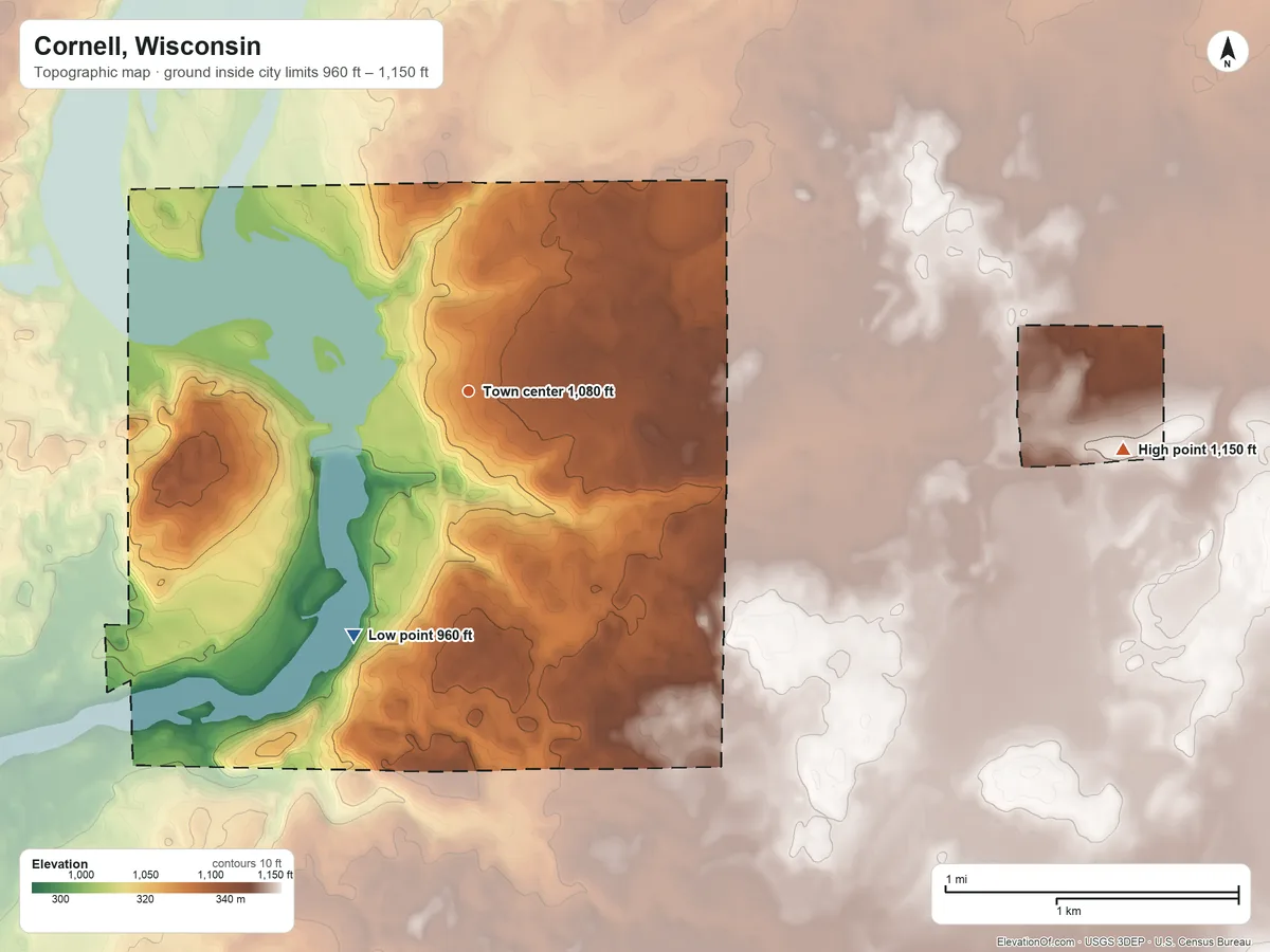 Topographic elevation map of Cornell, Wisconsin, shaded from 960 ft on the southwest side to 1,150 ft on the east side