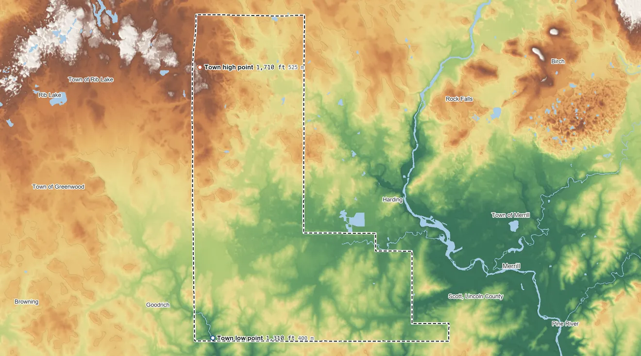Topographic elevation map of Corning, Wisconsin, shaded from 1,310 ft on the west side to 1,710 ft on the northwest side