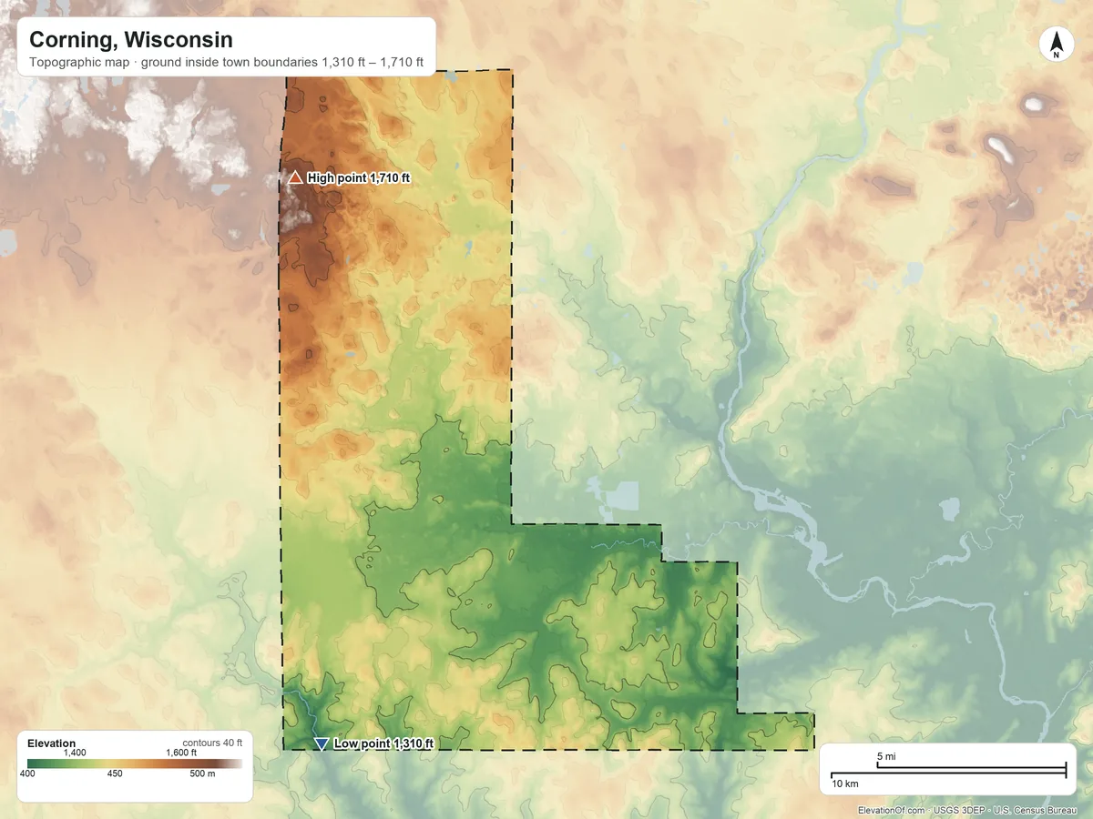 Topographic elevation map of Corning, Wisconsin, shaded from 1,310 ft on the west side to 1,710 ft on the northwest side