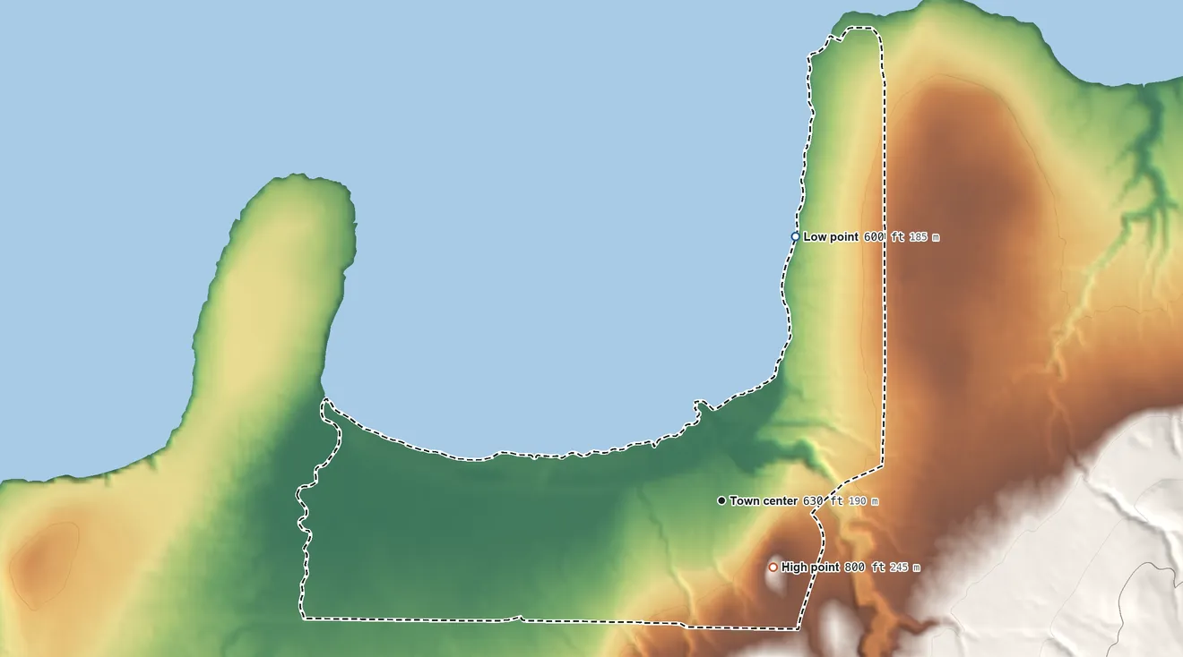 Topographic elevation map of Cornucopia, Wisconsin, shaded from 600 ft on the north side to 800 ft near the middle
