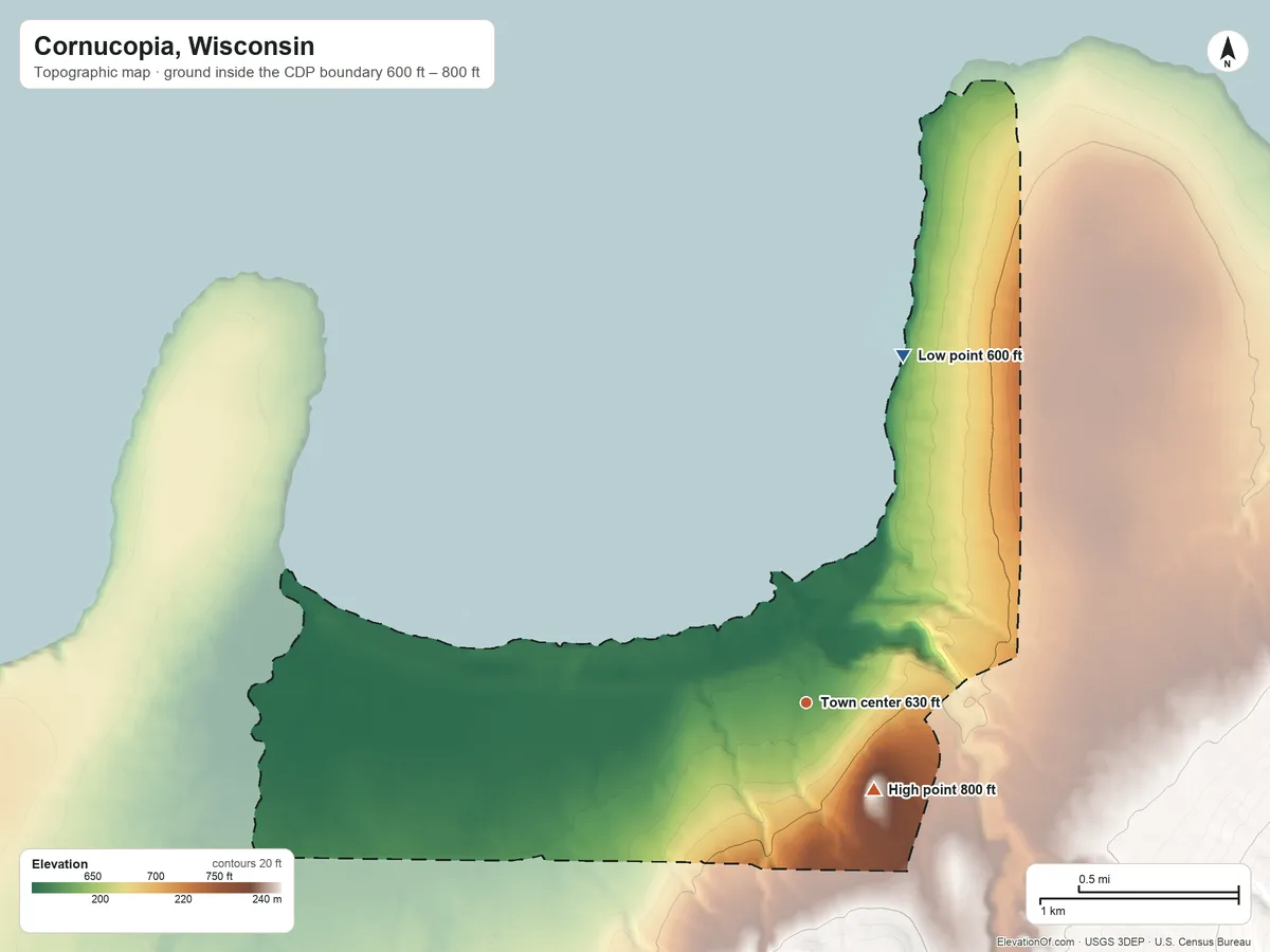 Topographic elevation map of Cornucopia, Wisconsin, shaded from 600 ft on the north side to 800 ft near the middle