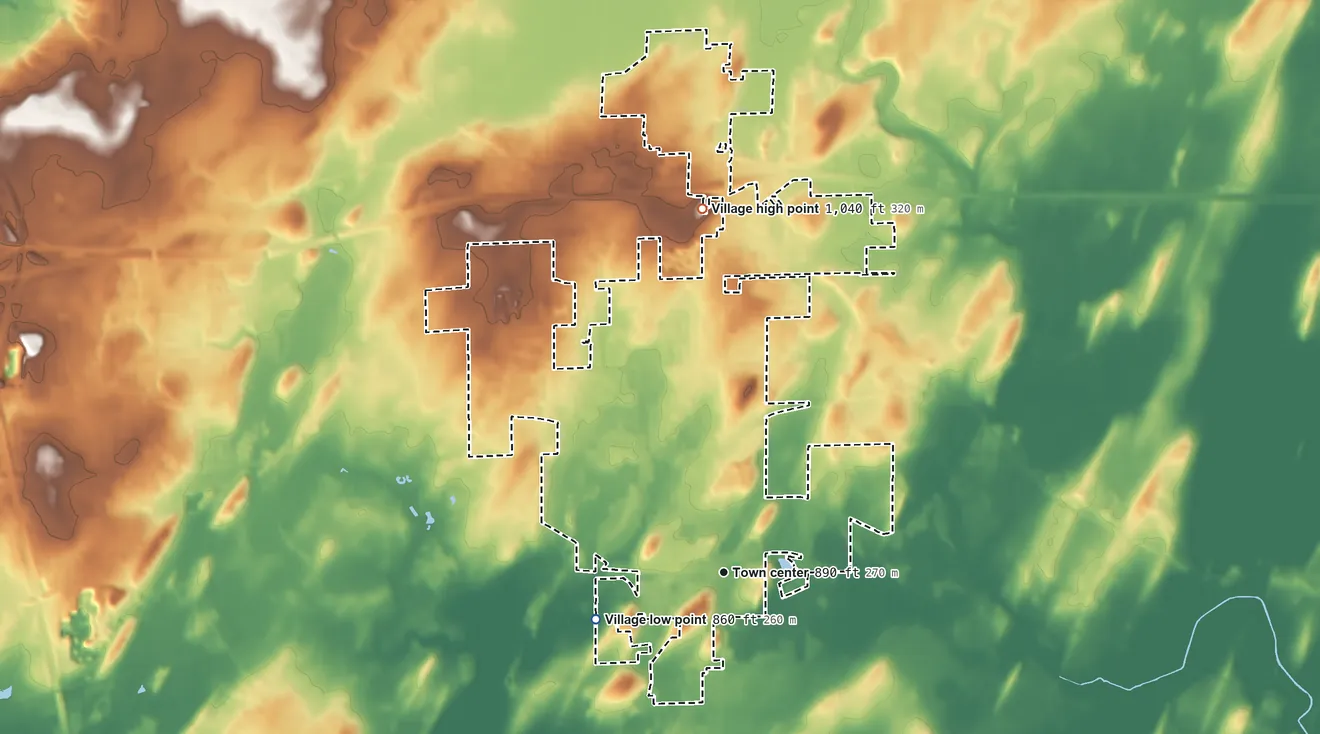 Topographic elevation map of Cottage Grove, Wisconsin, shaded from 860 ft on the west side to 1,040 ft on the north side