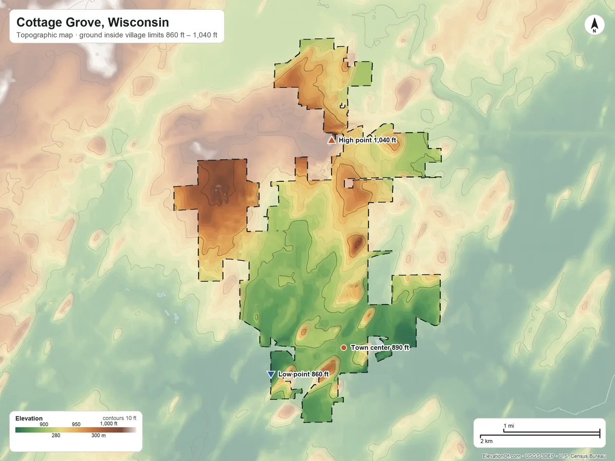 Topographic elevation map of Cottage Grove, Wisconsin, shaded from 860 ft on the west side to 1,040 ft on the north side