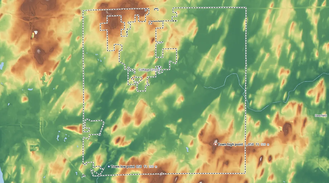 Topographic elevation map of Town of Cottage Grove, Wisconsin, shaded from 850 ft on the southwest side to 1,050 ft on the southeast side