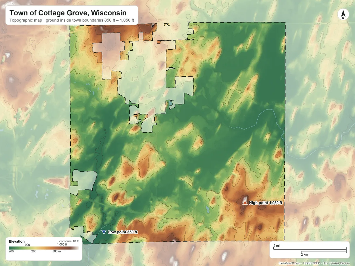 Topographic elevation map of Town of Cottage Grove, Wisconsin, shaded from 850 ft on the southwest side to 1,050 ft on the southeast side