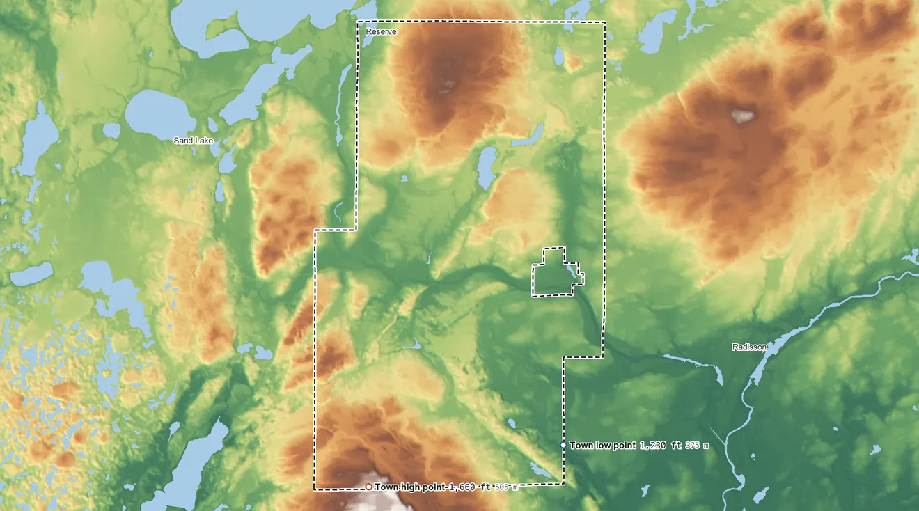 Topographic elevation map of Couderay, Wisconsin, shaded from 1,230 ft on the southeast side to 1,660 ft on the south side