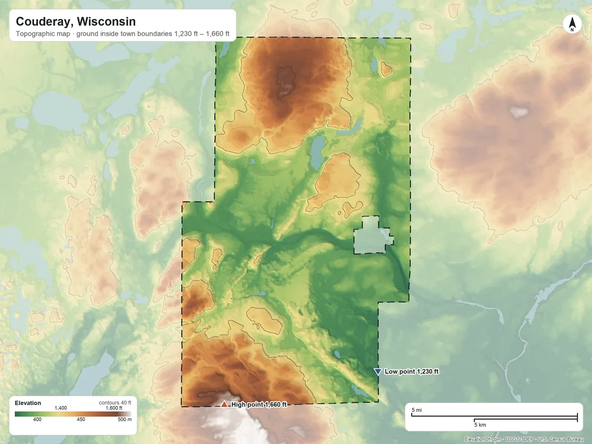 Topographic elevation map of Couderay, Wisconsin, shaded from 1,230 ft on the southeast side to 1,660 ft on the south side