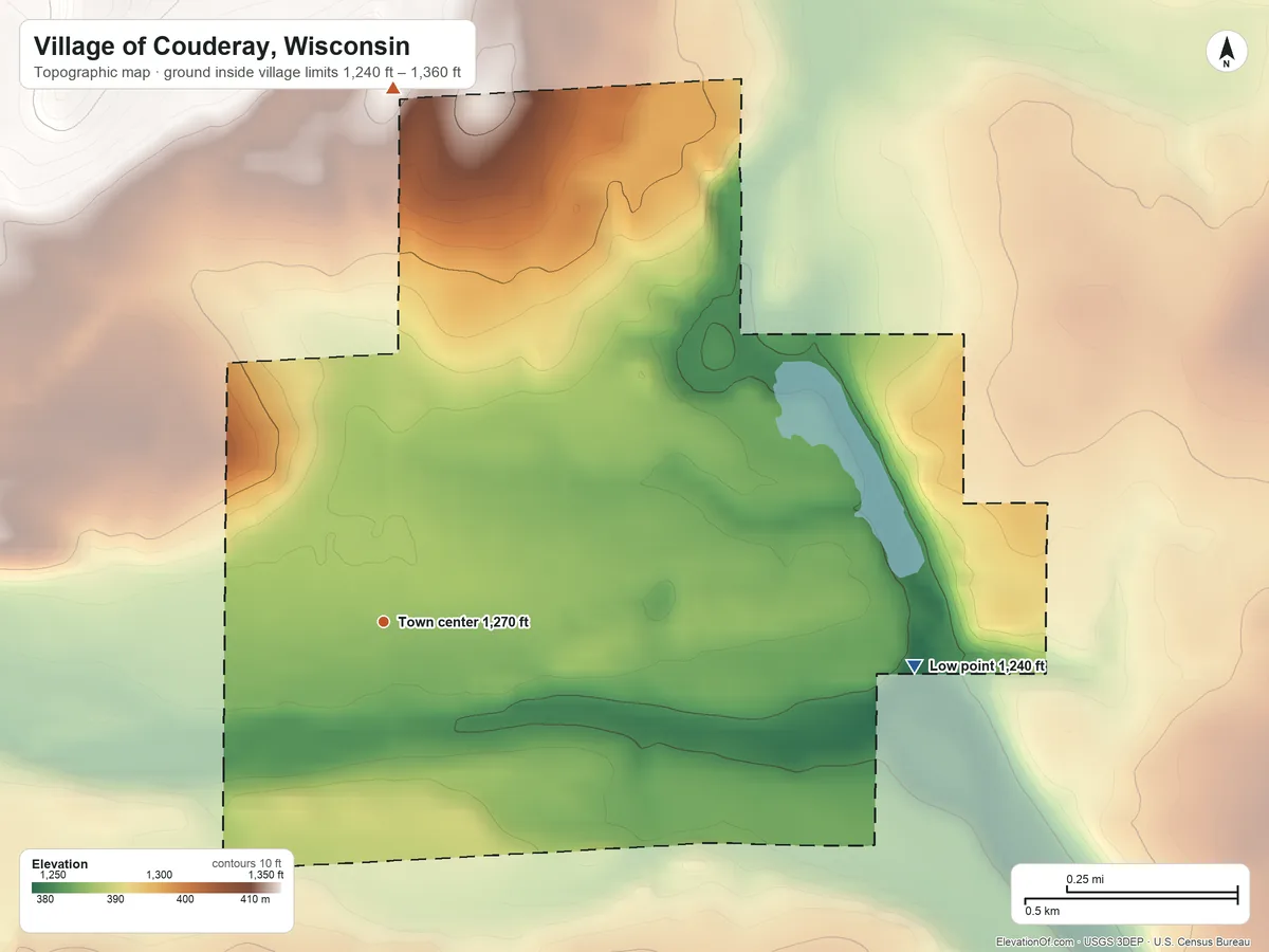 Topographic elevation map of Village of Couderay, Wisconsin, shaded from 1,240 ft on the east side to 1,360 ft on the north side