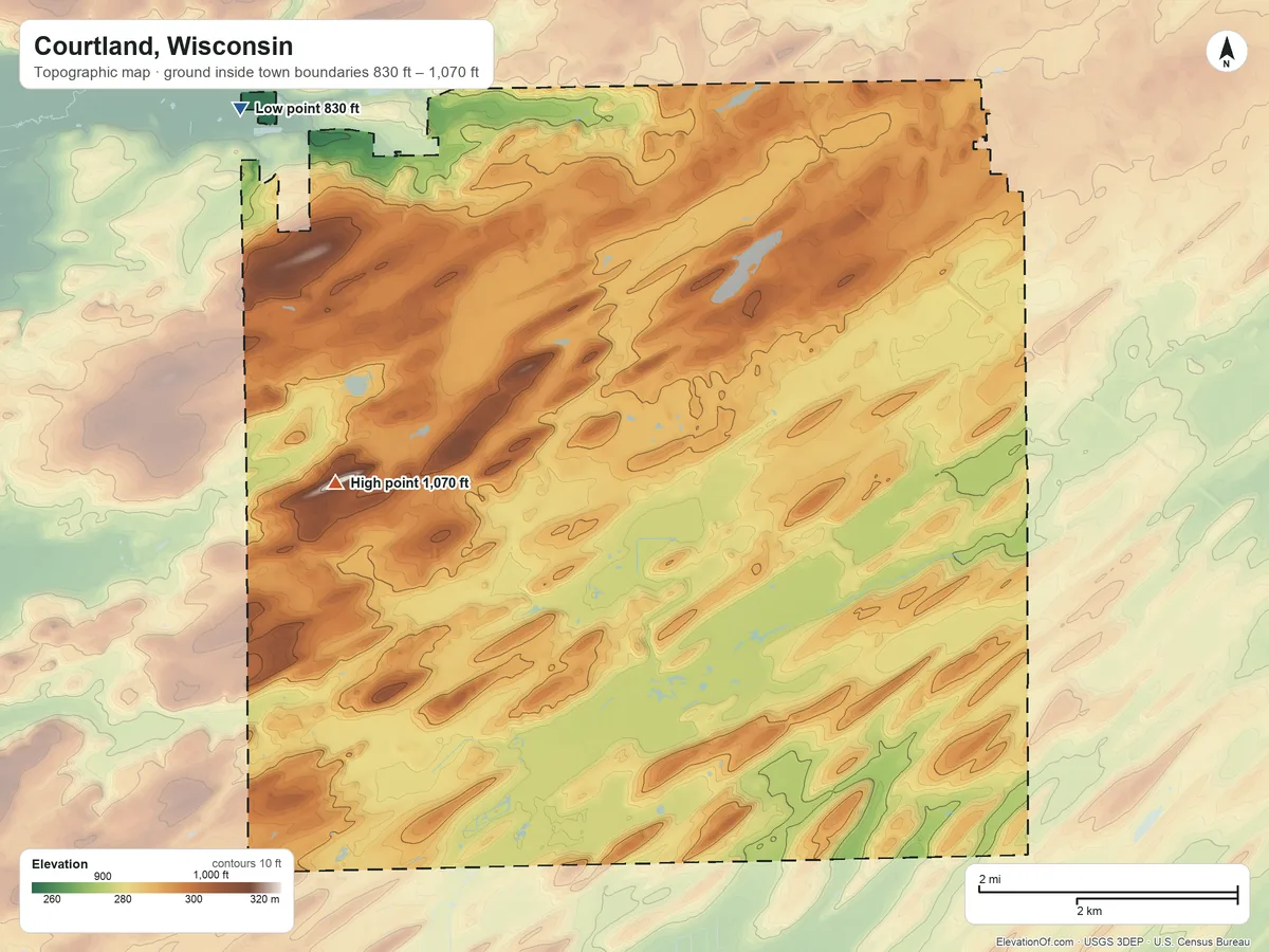 Topographic elevation map of Courtland, Wisconsin, shaded from 830 ft on the northwest side to 1,070 ft on the west side