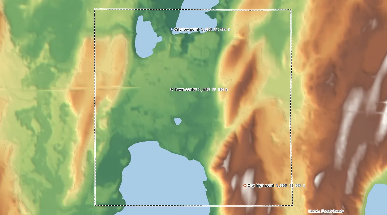 Topographic elevation map of Crandon, Wisconsin, shaded from 1,590 ft on the north side to 1,860 ft on the southeast side