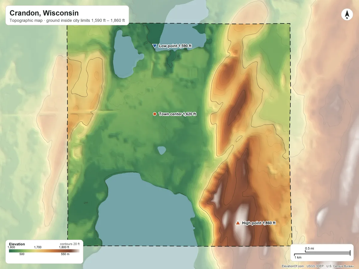 Topographic elevation map of Crandon, Wisconsin, shaded from 1,590 ft on the north side to 1,860 ft on the southeast side
