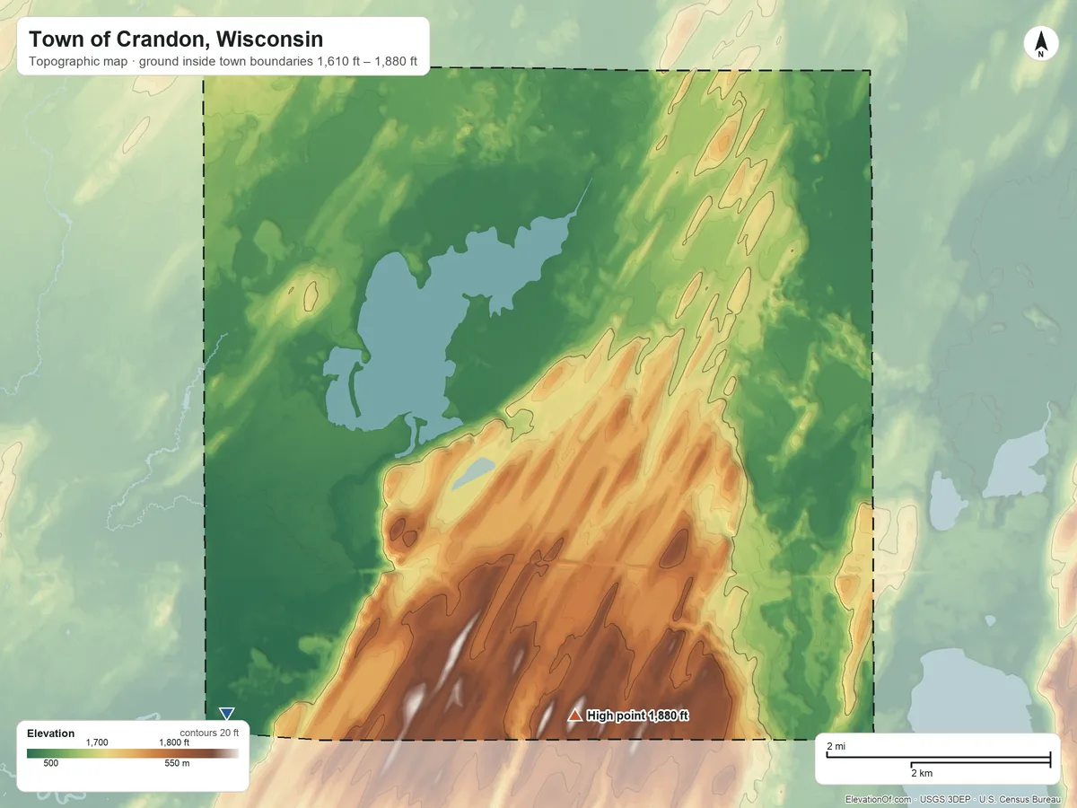 Topographic elevation map of Town of Crandon, Wisconsin, shaded from 1,610 ft on the southwest side to 1,880 ft on the south side