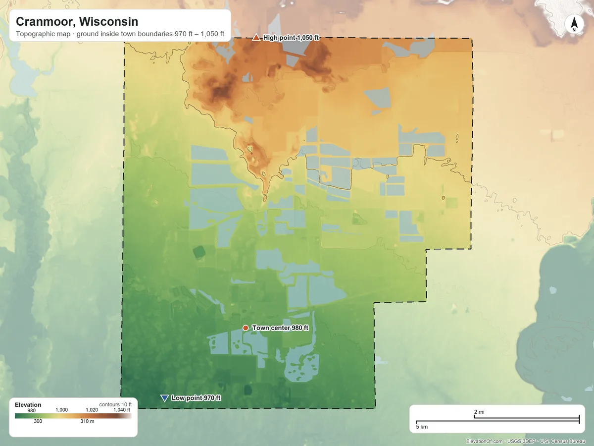 Topographic elevation map of Cranmoor, Wisconsin, shaded from 970 ft on the southwest side to 1,050 ft on the north side