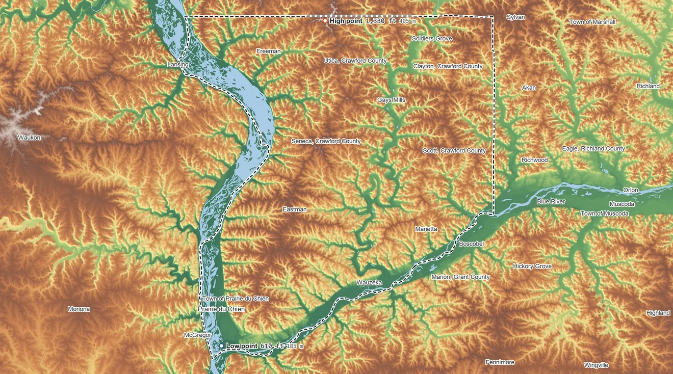 Topographic elevation map of Crawford County, Wisconsin, shaded from 610 ft on the southwest side to 1,330 ft on the north side