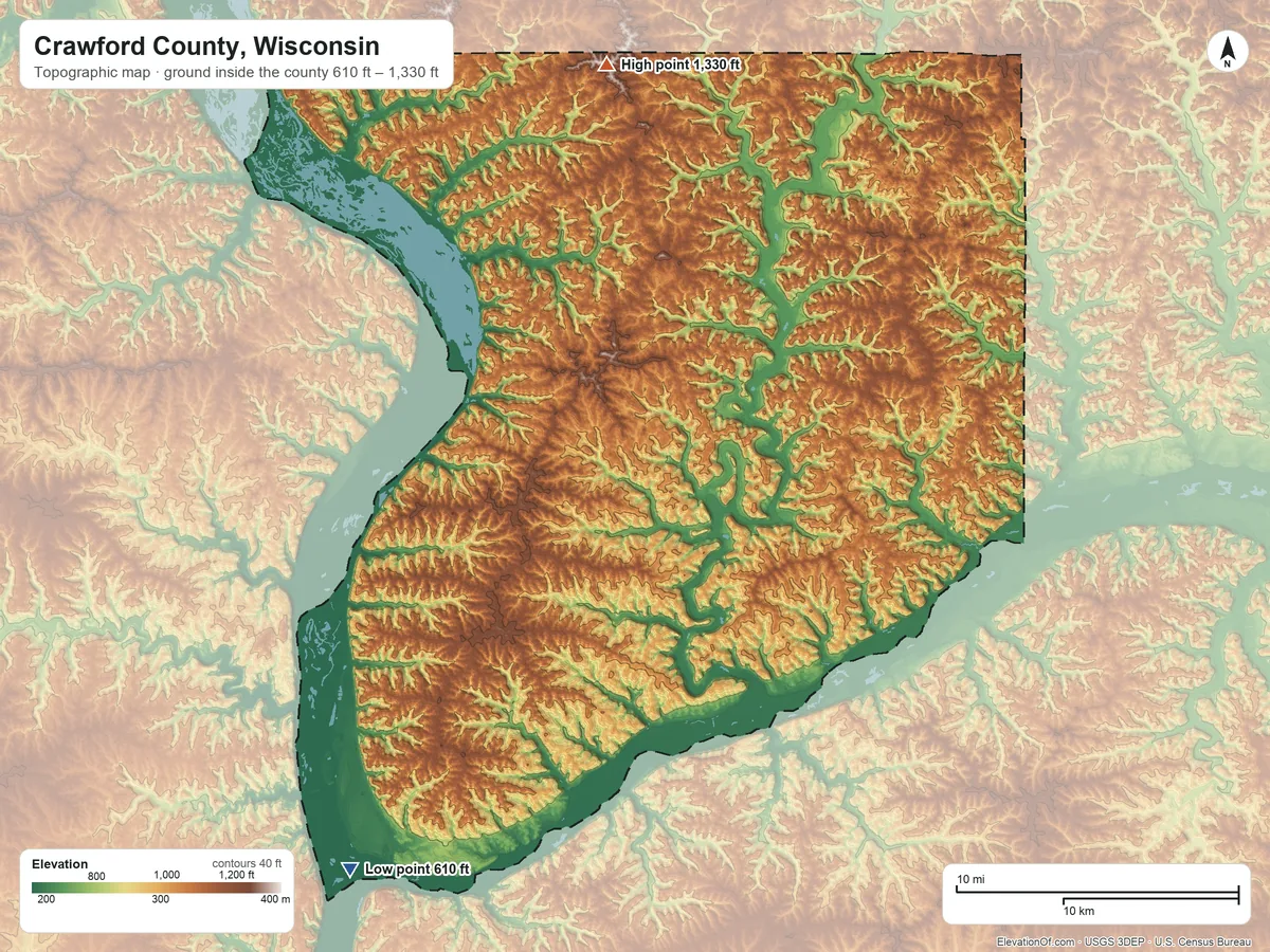 Topographic elevation map of Crawford County, Wisconsin, shaded from 610 ft on the southwest side to 1,330 ft on the north side