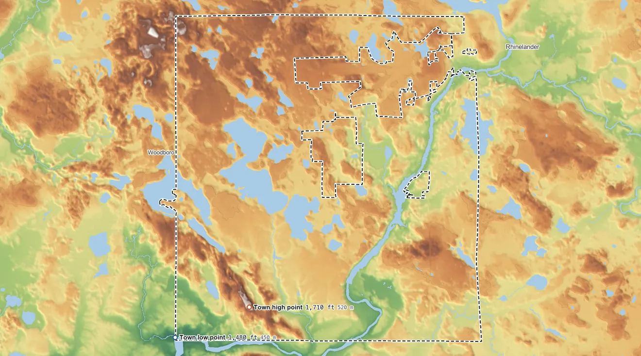 Topographic elevation map of Crescent, Wisconsin, shaded from 1,480 ft on the southwest side to 1,710 ft on the south side
