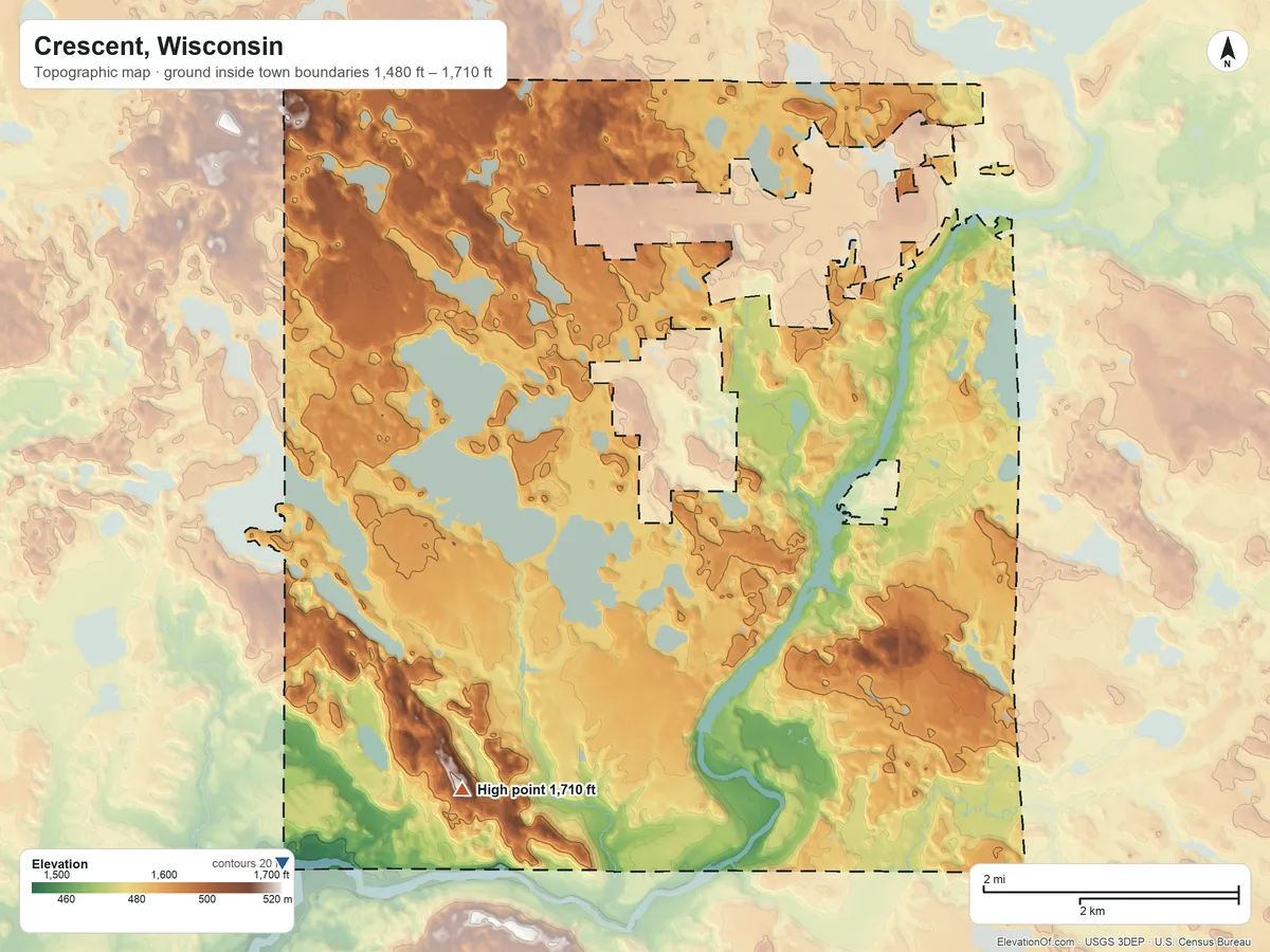 Topographic elevation map of Crescent, Wisconsin, shaded from 1,480 ft on the southwest side to 1,710 ft on the south side