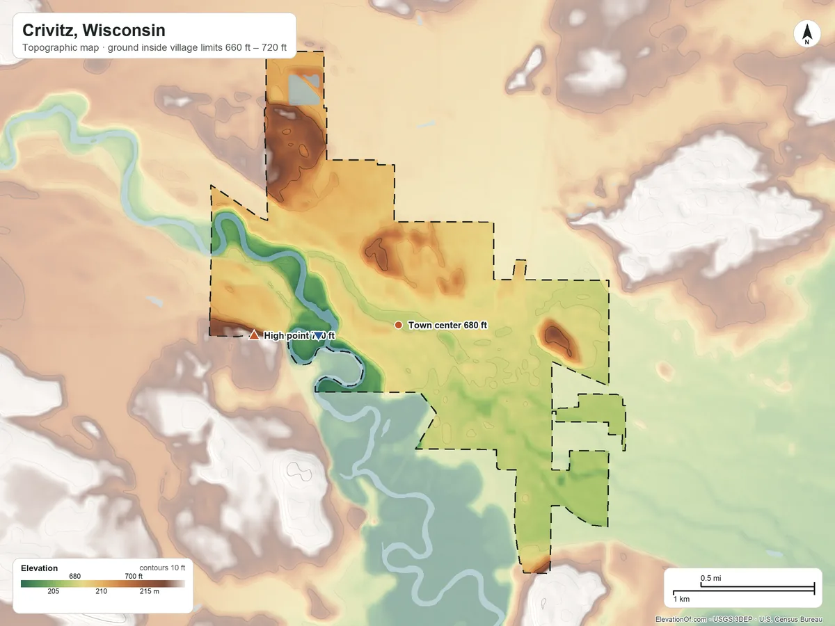 Topographic elevation map of Crivitz, Wisconsin, shaded from 660 ft on the west side to 720 ft on the west side