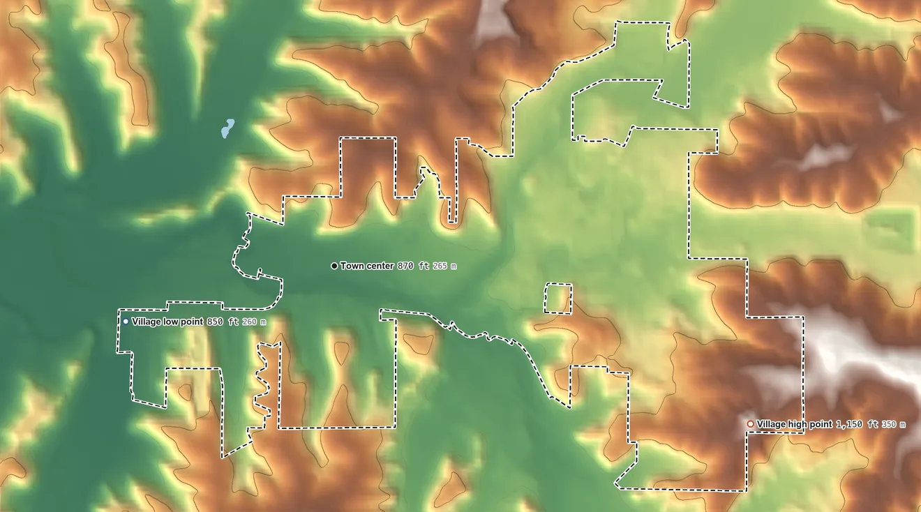 Topographic elevation map of Cross Plains, Wisconsin, shaded from 850 ft on the west side to 1,150 ft on the east side