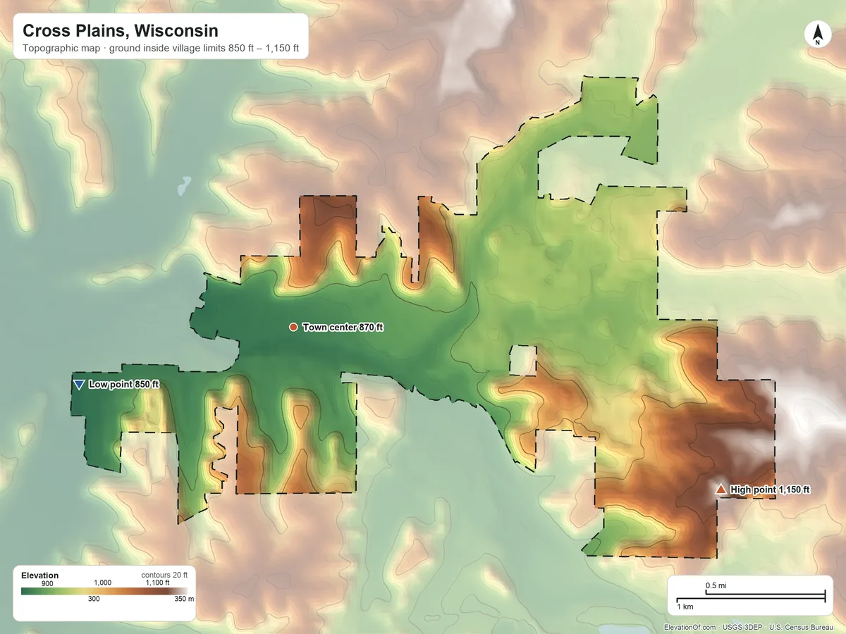 Topographic elevation map of Cross Plains, Wisconsin, shaded from 850 ft on the west side to 1,150 ft on the east side