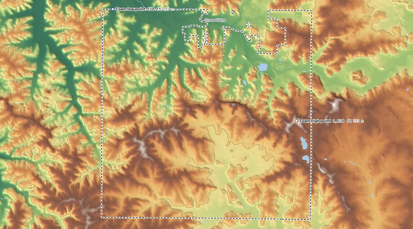 Topographic elevation map of Town of Cross Plains, Wisconsin, shaded from 830 ft on the northwest side to 1,230 ft on the east side