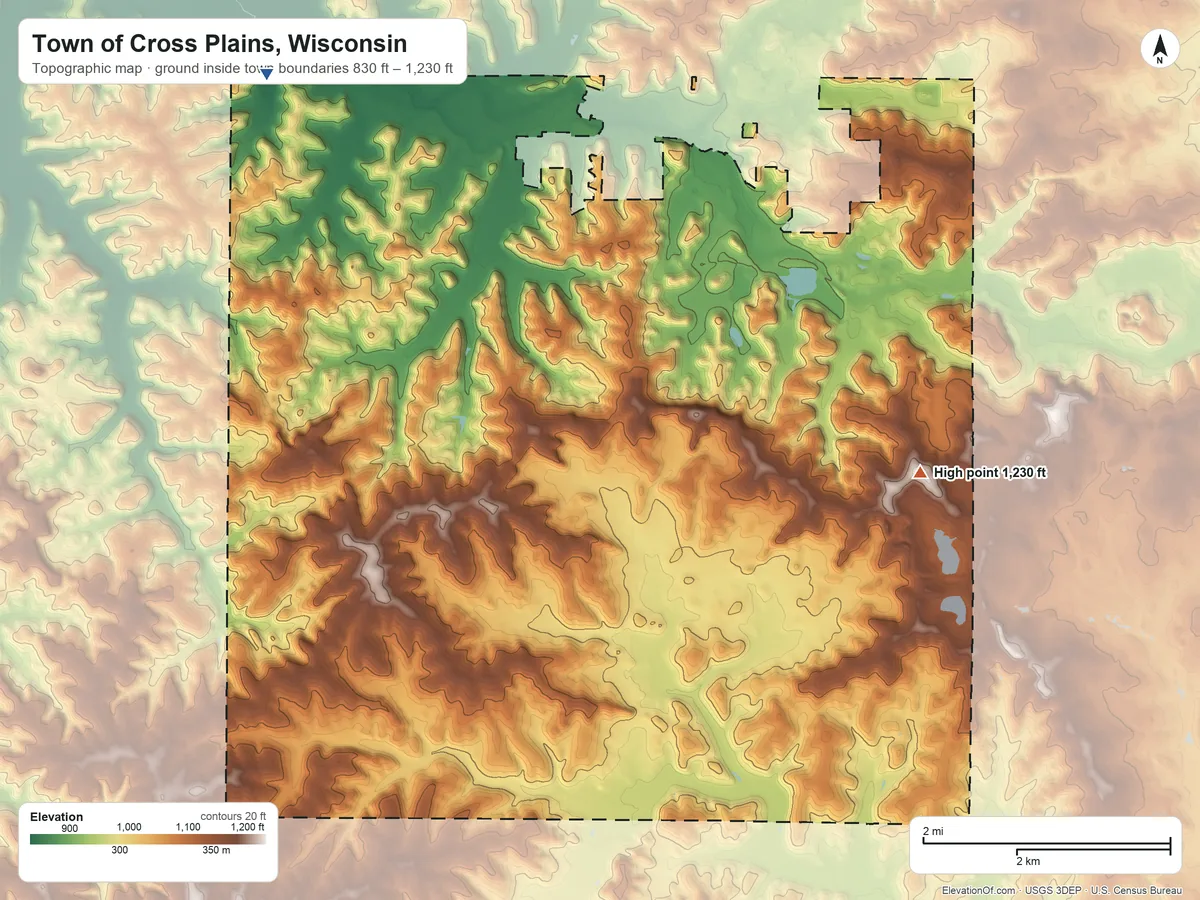 Topographic elevation map of Town of Cross Plains, Wisconsin, shaded from 830 ft on the northwest side to 1,230 ft on the east side