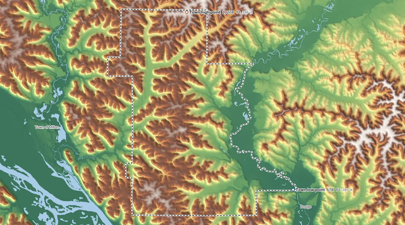 Topographic elevation map of Cross, Wisconsin, shaded from 670 ft on the southeast side to 1,270 ft on the north side
