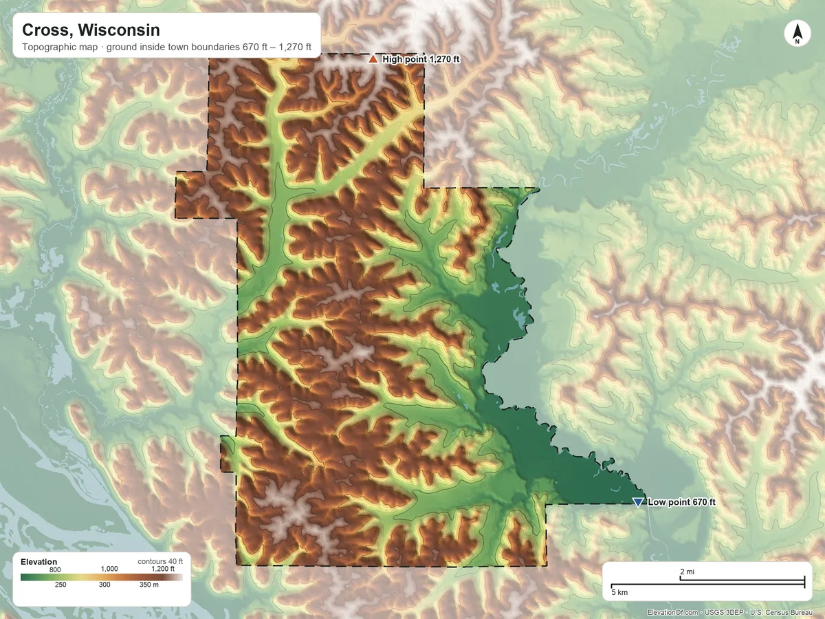 Topographic elevation map of Cross, Wisconsin, shaded from 670 ft on the southeast side to 1,270 ft on the north side