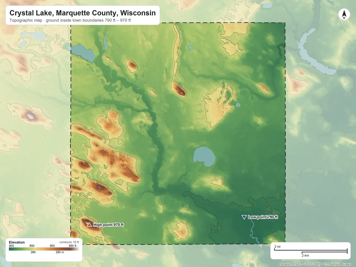 Topographic elevation map of Crystal Lake, Marquette County, Wisconsin, shaded from 790 ft on the southeast side to 970 ft on the southwest side