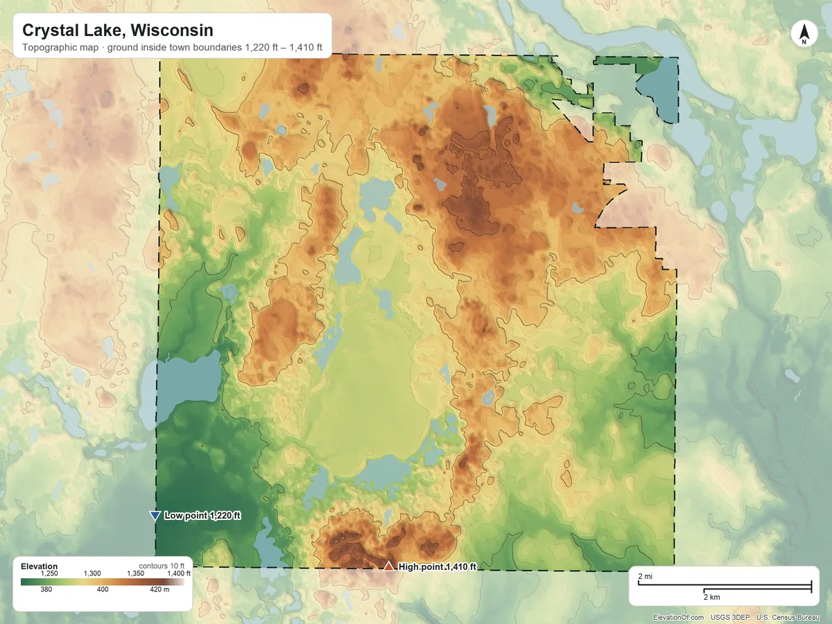 Topographic elevation map of Crystal Lake, Wisconsin, shaded from 1,220 ft on the southwest side to 1,410 ft on the south side