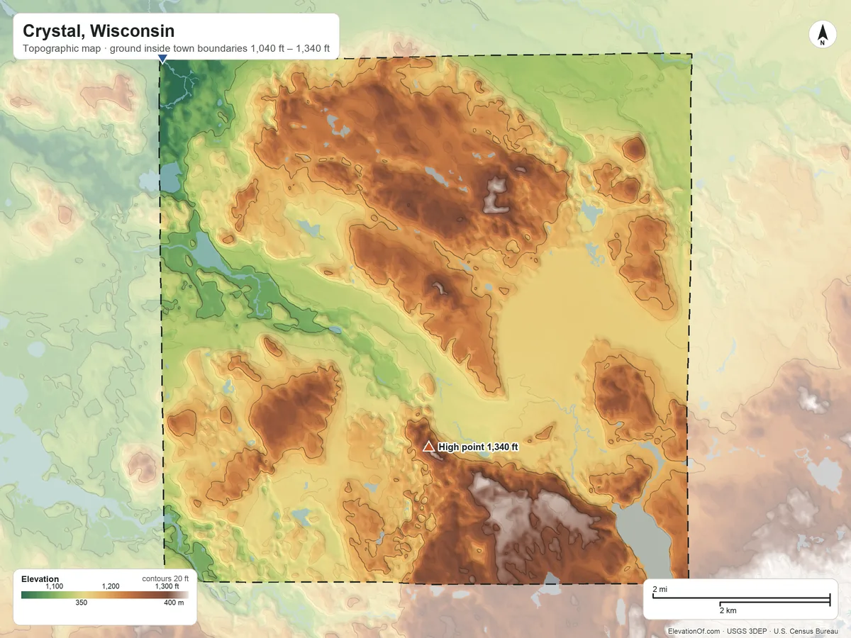 Topographic elevation map of Crystal, Wisconsin, shaded from 1,040 ft on the northwest side to 1,340 ft on the south side
