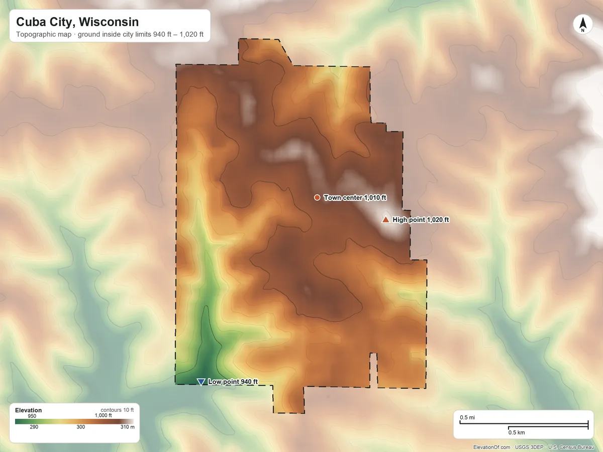 Topographic elevation map of Cuba City, Wisconsin, shaded from 940 ft on the southwest side to 1,020 ft on the east side