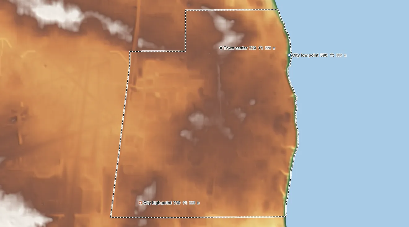 Topographic elevation map of Cudahy, Wisconsin, shaded from 590 ft on the east side to 730 ft on the southwest side