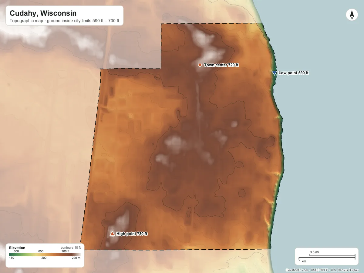 Topographic elevation map of Cudahy, Wisconsin, shaded from 590 ft on the east side to 730 ft on the southwest side