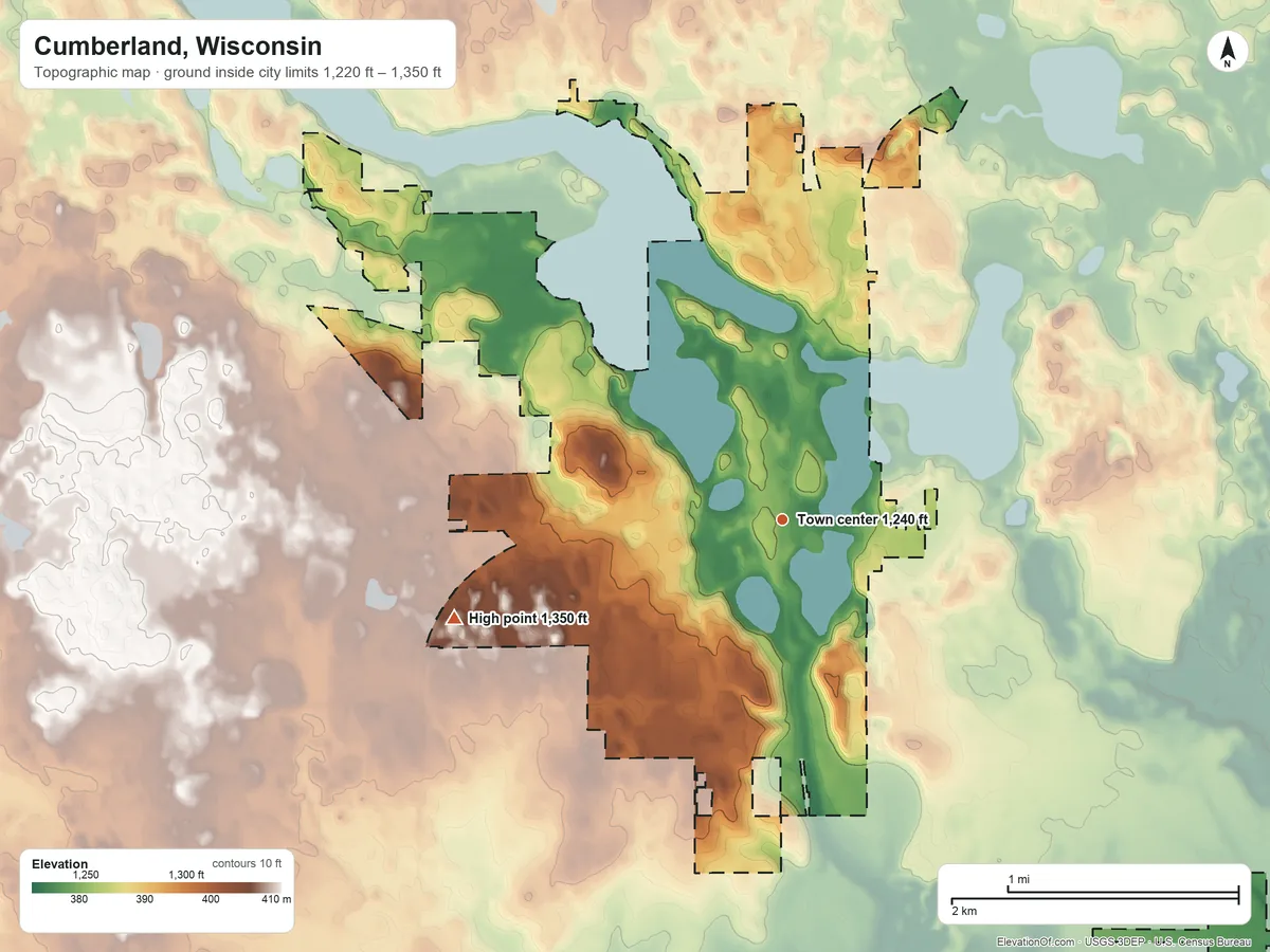 Topographic elevation map of Cumberland, Wisconsin, shaded from 1,220 ft on the southeast side to 1,350 ft on the west side